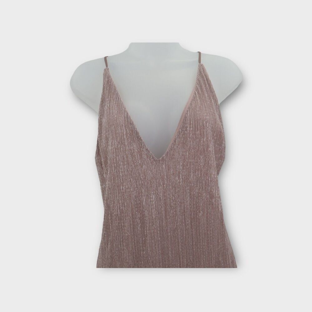 Express Dress Formal Slip Shimmer Strappy Plunging V Double Slit Midi beige M P - Picture 2 of 10